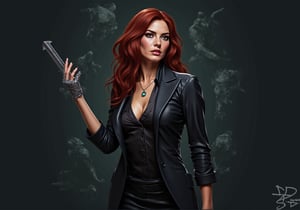 Create an image of Dana Scully standing confidently, wielding the Witchblade on her right wrist and forearm. She should be dressed in a fitted, stylish FBI attire that subtly accentuates her figure, such as an open tailored blazer, over a sleek blouse with the top button undon. Her expression is one of empowerment and determination, showcasing her strength. The Witchblade should appear as a grey, intricate artifact with jewels, wrapping around her forearm and radiating energy, enhancing her commanding presence. The background hints at a dark and mysterious atmosphere, with shadows of supernatural elements, emphasizing her dual role as a fierce investigator and a powerful wielder of the Witchblade. The image should capture a sense of allure without compromising Scully's integrity, reflecting her as a formidable and sexy force in the realm of the supernatural.