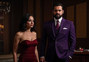 Create an image of Jessica Jones standing in a glamorous, sensual evening gown, looking somber and forlorn, her posture tense as if unwillingly controlled. Her expression shows pain and reluctance, with her eyes reflecting inner turmoil. Next to her stands a white man with a stubble beard in a sleek, tailored purple suit—Kilgrave, about her same age—who is examining her with a smug, calculating gaze. His posture exudes control, while Jessica’s body language contrasts, showing her despair and reluctance to follow his orders. The setting is a luxurious, upscale venue, dimly lit with a sophisticated ambiance, adding to the tension between them. The focus should be on Jessica's sorrow and Kilgrave's dominance, visually expressing their power dynamic.