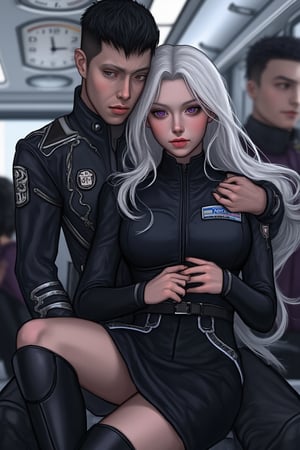 Create a scene inside a futuristic train, where Glacia Astania, a striking woman in her mid-20s with silver hair and vibrant purple irises, is sitting in the lap of a man in his early 40s. She is dressed in a dark military officer’s uniform with a skirt ending at her knees.  Her last name, 'Astania,' visible on her jacket’s tag. The man behind her has dark hair in a crew cut and is wearing a futuristic flight suit with 'Fokker' written on his chest.  One of his hands is on her leg, leading up to her skirt, the other is at her neck undoing one button.  They are subtly fooling around, with playful expressions and light touches, trying to keep their interaction discreet in the public setting. The futuristic train interior is sleek and modern, with metallic designs, soft lighting, and two passengers around them, unaware or politely ignoring the couple’s attempts to hide their chemistry,shading lineart, shading, lineart, 2.5D, illustration, portrait, closeup, Score_9, Score_8_up, Score_7_up, behance work, intricate, vibrant color, High quality, 8k hd, best quality, detailed skin texture, complicated, 8k ultra hd, high resolution, high definition, excellent quality, stunning image, volumetric lighting, detail quality Enhancer,