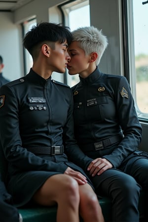 Create a scene inside a futuristic train, where Glacia Astania, a striking woman in her mid-20s with silver hair and vibrant purple irises, is sitting in the lap of a man in his early 40s. She is dressed in a dark military officer’s uniform with a skirt ending at her knees.  Her last name, 'Astania,' visible on her jacket’s tag. The man behind her has dark hair in a crew cut and is wearing a futuristic flight suit with 'Fokker' written on his chest.  One of his hands is on her leg, leading up to her skirt, the other is at her neck undoing one button.  They are subtly fooling around, with playful expressions and light touches, trying to keep their interaction discreet in the public setting. The futuristic train interior is sleek and modern, with metallic designs, soft lighting, and two passengers around them, unaware or politely ignoring the couple’s attempts to hide their chemistry