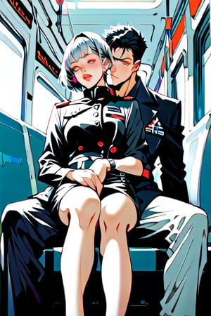 Create a scene inside a futuristic train, where Glacia Astania, a striking woman in her mid-20s with silver hair and vibrant purple irises, is sitting in the lap of a man in his early 40s. She is dressed in a dark military officer’s uniform with a skirt ending at her knees.  Her last name, 'Astania,' visible on her jacket’s tag. The man behind her has dark hair in a crew cut and is wearing a futuristic flight suit with 'Fokker' written on his chest.  One of his hands is on her leg, leading up to her skirt, the other is at her neck undoing one button.  They are subtly fooling around, with playful expressions and light touches, trying to keep their interaction discreet in the public setting. The futuristic train interior is sleek and modern, with metallic designs, soft lighting, and a few passengers around them, unaware or politely ignoring the couple’s attempts to hide their chemistry