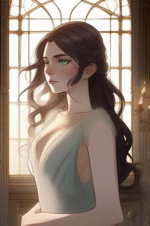 Elara Ainsley stands in the dimly lit, private chambers of Vinter’s Keep, dressed in an elegant and delicate nightgown favored by Simon. The gown is made of thin, pale silk that softly clings to her figure, flowing down to her feet, with a deep neckline edged with intricate lace detailing. The fabric is semi-transparent, creating a feeling of both vulnerability and refinement. Her dark auburn hair is loose and cascades over her shoulders, with strands framing her pale face, casting subtle shadows over her freckled cheeks. Her green eyes are downcast, reflecting a mixture of weariness and quiet resignation. The room around her is dominated by heavy, dark furnishings and cold stone walls, contrasting with the softness of her attire. A small fire flickers in the background, casting a warm glow over her, though the atmosphere remains intimate yet tense. Her posture is slightly stiff, as though uncomfortable in the delicate fabric, her hands lightly holding the gown's thin straps as if seeking comfort. The nightgown, though beautiful, symbolizes the control Simon exerts over her even in private moments.