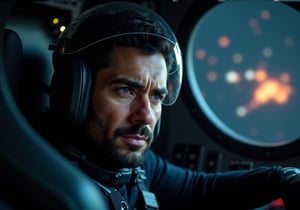 Create an image of a man in his late 30s with dark hair and light stubble on his chin. He’s wearing a sleek, futuristic flight suit, and a fighter craft helmet is on his head, the visor partially lifted to reveal his confident yet oddly detached expression. He sits in the cockpit of a high-tech, futuristic fighter craft, surrounded by glowing control panels and holographic displays. Outside the cockpit, deep space stretches infinitely, punctuated by distant explosions and flashes of light from an ongoing space battle. The mood is tense yet calm, capturing the man’s readiness and emotional distance in the midst of chaos.