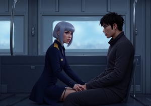 Create an image of a young woman in her mid-20s with medium-length silver hair and striking purple irises, dressed in a formal military uniform, sitting in a futuristic train. She is seated in the lap of a taller man with dark hair in a flightsuit or working wear, sitting in his lap and facing away from him. Her expression reflects an internal struggle as she tries not to let her arousal show. The woman appears flustered yet quietly enjoying the intimate contact, subtly biting her lip or blushing. The futuristic train setting should have sleek metallic designs and soft lighting, and empty of other people.