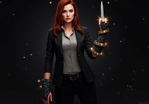 Create an image of Dana Scully standing confidently, wielding the Witchblade on her right wrist and forearm. She should be dressed in a fitted, stylish FBI attire that subtly accentuates her figure, such as an open tailored blazer, over a sleek blouse with the top button undon. Her expression is one of empowerment and determination, showcasing her strength. The Witchblade should appear as a grey, intricate artifact with jewels, wrapping around her forearm up to her elbow and radiating energy, enhancing her commanding presence.  A sharp blade protrudes from the top of her wrist.  The background hints at a dark and mysterious atmosphere, with shadows of supernatural elements, emphasizing her dual role as a fierce investigator and a powerful wielder of the Witchblade. The image should capture a sense of allure without compromising Scully's integrity, reflecting her as a formidable and sexy force in the realm of the supernatural.