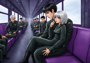 Create an image of a young woman with medium-length silver hair and striking purple irises, dressed in a formal military uniform, sitting in a futuristic train. She is seated in the lap of a taller man with dark hair in a flightsuit or working wear, sitting in his lap and facing away from him. Her expression reflects an internal struggle as she tries not to let her arousal show. The woman appears flustered yet quietly enjoying the intimate contact, subtly biting her lip or blushing. The futuristic train setting should have sleek metallic designs and soft lighting, with a no other passengers in the background.