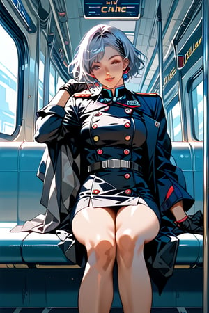 Create a scene inside a futuristic train, where Glacia Astania, a striking woman in her mid-20s with silver hair and vibrant purple irises, is sitting in the lap of a man in his early 40s. She is dressed in a dark military officer’s uniform with a skirt ending at her knees.  Her last name, 'Astania,' visible on her jacket’s tag. The man behind her has dark hair in a crew cut and is wearing a futuristic flight suit with 'Fokker' written on his chest.  One of his hands is on her leg, leading up to her skirt, the other is at her neck undoing one button.  They are subtly fooling around, with playful expressions and light touches, trying to keep their interaction discreet in the public setting. The futuristic train interior is sleek and modern, with metallic designs, soft lighting, and a few passengers around them, unaware or politely ignoring the couple’s attempts to hide their chemistry