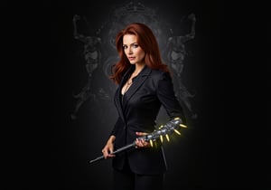 Create an image of Dana Scully standing confidently, wielding the Witchblade on her right wrist and forearm. She should be dressed in a fitted, stylish FBI attire that subtly accentuates her figure, such as a tailored blazer with the top button undone, over a sleek blouse. Her expression is one of empowerment and determination, showcasing her strength. The Witchblade should appear as a grey, intricate artifact with glowing jewels, wrapping around her forearm and radiating energy, enhancing her commanding presence. The background hints at a dark and mysterious atmosphere, with shadows of supernatural elements, emphasizing her dual role as a fierce investigator and a powerful wielder of the Witchblade. The image should capture a sense of allure without compromising Scully's integrity, reflecting her as a formidable and sexy force in the realm of the supernatural.