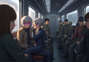 Create an image of a young woman with medium-length silver hair and striking purple irises, dressed in a formal military uniform, sitting in a futuristic train. She is seated in the lap of a taller man with dark hair in a flightsuit or working wear, sitting in his lap and facing away from him. Her expression reflects an internal struggle as she tries not to let her arousal show to the sparse people around them. The woman appears flustered yet quietly enjoying the intimate contact, subtly biting her lip or blushing. The futuristic train setting should have sleek metallic designs and soft lighting, with a few other passengers in the background, dressed in military uniforms or casual attire, unaware or politely ignoring the couple.