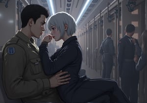 Create an image of a young woman with medium-length silver hair and striking purple irises, dressed in a formal military uniform, sitting in a futuristic train. She is seated in the lap of a taller man with dark hair in a flightsuit or working wear, sitting in his lap and facing away from him. Her expression reflects an internal struggle as she tries not to let her arousal show to the sparse people around them. The woman appears flustered yet quietly enjoying the intimate contact, subtly biting her lip or blushing. The futuristic train setting should have sleek metallic designs and soft lighting, with a few other passengers in the background, dressed in military uniforms or casual attire, unaware or politely ignoring the couple.