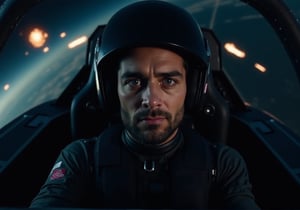 Create an image of a man in his late 30s with dark hair and light stubble on his chin. He’s wearing a sleek, futuristic flight suit, and a fighter craft helmet is on his head, the visor partially lifted to reveal his confident yet oddly detached expression. He sits in the cockpit of a high-tech, futuristic fighter craft, surrounded by glowing control panels and holographic displays. Outside the cockpit, deep space stretches infinitely, punctuated by distant explosions and flashes of light from an ongoing space battle. The mood is tense yet calm, capturing the man’s readiness and emotional distance in the midst of chaos.