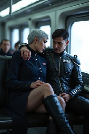 Create a scene inside a futuristic train, where Glacia Astania, a striking woman in her mid-20s with silver hair and vibrant purple irises, is sitting in the lap of a man in his early 40s. She is dressed in a dark military officer’s uniform with a skirt ending at her knees.  Her last name, 'Astania,' visible on her jacket’s tag. The man behind her has dark hair in a crew cut and is wearing a futuristic flight suit with 'Fokker' written on his chest.  One of his hands is on her leg, leading up to her skirt, the other is at her neck undoing one button.  They are subtly fooling around, with playful expressions and light touches, trying to keep their interaction discreet in the public setting. The futuristic train interior is sleek and modern, with metallic designs, soft lighting, and two passengers around them, unaware or politely ignoring the couple’s attempts to hide their chemistry