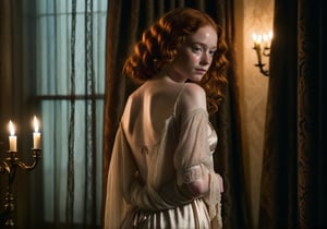 A young woman with pale, freckled skin and auburn hair stands in a dimly lit room, framed by dark, heavy curtains. Her loose curls cascade down her back, partially covering the delicate silk nightgown, highlighted by warm candelabra light. The ivory-tinged lace trim glistens on her figure as she poses with one arm folded across her body, conveying guardedness. Cold stone walls and an ornate bed complete the luxurious yet isolated atmosphere.