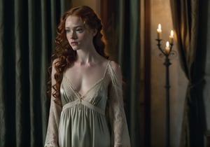 "A young woman with pale, freckled skin and auburn hair standing in a dimly lit room. Her loose curls cascade down her back, partially covering a delicate silk nightgown. The nightgown is thin, ivory-colored with lace trim, and tightly clings to her figure. Her green eyes reflect the warm glow of a nearby candelabra, casting soft shadows across her face. The lighting highlights the softness of the silk and the texture of the lace. She stands with a guarded posture, one arm folded across her body. The room is decorated with dark, heavy curtains, an ornate bed, and cold stone walls, creating an atmosphere of isolation and luxury."
