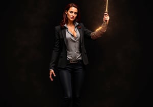 Create an image of Dana Scully standing confidently, wielding the Witchblade on her right wrist and forearm. She should be dressed in a fitted, stylish FBI attire that subtly accentuates her figure, such as a tailored blazer with the top button undone, over a sleek blouse. Her expression is one of empowerment and determination, showcasing her strength. The Witchblade should appear as a glowing, intricate artifact, wrapping around her forearm and radiating energy, enhancing her commanding presence. The background hints at a dark and mysterious atmosphere, with shadows of supernatural elements, emphasizing her dual role as a fierce investigator and a powerful wielder of the Witchblade. The image should capture a sense of allure without compromising Scully's integrity, reflecting her as a formidable and sexy force in the realm of the supernatural.