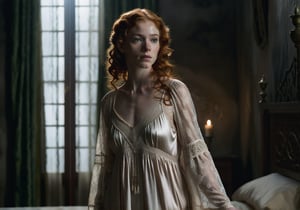 "A young woman with pale, freckled skin and auburn hair standing in a dimly lit room. Her loose curls cascade down her back, partially covering a delicate silk nightgown. The nightgown is thin, ivory-colored with lace trim, and tightly clings to her figure.  Parts of it are gauzy and see-through.  Her green eyes reflect the warm glow of a nearby candelabra, casting soft shadows across her face. The lighting highlights the softness of the silk and the texture of the lace. She stands with a guarded posture, one arm folded across her body. The room is decorated with dark, heavy curtains, an ornate bed, and cold stone walls, creating an atmosphere of isolation and luxury."  Frontal view.
