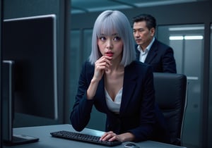 Create an image of a young woman in her mid-20s with medium-length silver hair and striking purple irises, dressed in a formal military uniform, in a small office. She is bent over her desk, and standing behind her is a slightly older man with dark hair.  Her fitted jacked is undone and a sheer, white blouse is underneath. Her expression reflects an internal struggle as she tries not to let her arousal show. The woman appears flustered yet quietly enjoying the intimate contact, subtly biting her lip or blushing. The futuristic office setting should have sleek metallic designs and soft lighting, fancy computer screen on her desk.