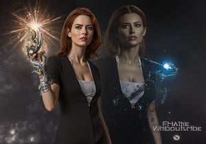 Create an image of Dana Scully standing confidently, wielding the Witchblade on her right wrist and forearm. She should be dressed in a fitted, stylish FBI attire that subtly accentuates her figure, such as an open tailored blazer, over a sleek blouse with the top buttons undone. Her expression is one of empowerment and determination, showcasing her strength. The Witchblade should appear as a grey, intricate artifact with jewels, wrapping around her forearm up to her elbow and radiating energy, enhancing her commanding presence.  A sharp blade protrudes from the top of her wrist.  The background hints at a dark and mysterious atmosphere, with shadows of supernatural elements, emphasizing her dual role as a fierce investigator and a powerful wielder of the Witchblade. The image should capture a sense of allure without compromising Scully's integrity, reflecting her as a formidable and sexy force in the realm of the supernatural.