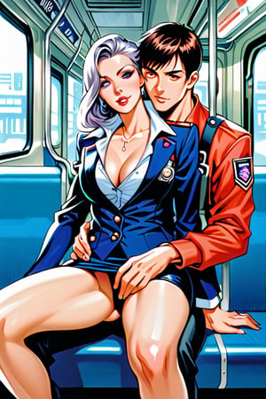 Create a scene inside a futuristic train, where Glacia Astania, a striking woman in her mid-20s with silver hair and vibrant purple irises, is sitting in the lap of a man in his early 40s. She is dressed in a dark military officer’s uniform with a skirt ending at her knees.  Her last name, 'Astania,' visible on her jacket’s tag. The man behind her has dark hair in a crew cut and is wearing a futuristic flight suit with 'Fokker' written on his chest.  One of his hands is on her leg, leading up to her skirt, the other is at her neck undoing one button.  They are subtly fooling around, with playful expressions and light touches, trying to keep their interaction discreet in the public setting. The futuristic train interior is sleek and modern, with metallic designs, soft lighting, and a few passengers around them, unaware or politely ignoring the couple’s attempts to hide their chemistry