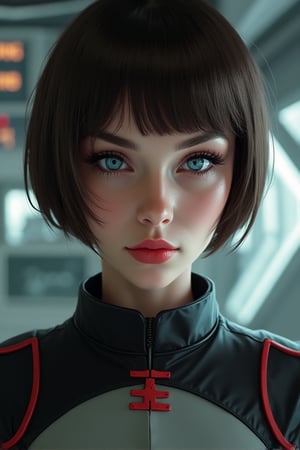 Create an image of a woman with short, dark brown hair styled in a neat bob. She has striking blue eyes, pale skin, and a determined yet calm expression. She is wearing a formal, futuristic military uniform with a high collar and distinct red and black color accents, including an insignia on the collar. The background shows a sleek, advanced-looking interior of a spaceship or high-tech environment, with metallic designs and control panels visible behind her. The mood of the image should reflect her composed and professional demeanor.