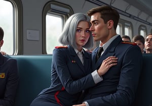 Create an image of a young woman with medium-length silver hair and striking purple irises, dressed in a formal military uniform, sitting in a futuristic train. She is seated in the lap of a taller man in a flightsuit or working wear, nestled close to him. Her expression reflects an internal struggle as she tries not to let her arousal show to the sparse people around them. The woman appears flustered yet quietly enjoying the intimate contact, subtly biting her lip or blushing. The futuristic train setting should have sleek metallic designs and soft lighting, with a few other passengers in the background, dressed in military uniforms or casual attire, unaware or politely ignoring the couple.