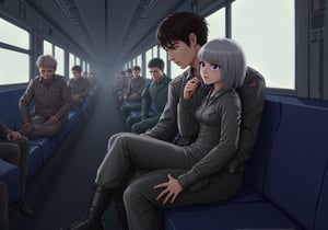 Create an image of a young woman with medium-length silver hair and striking purple irises, dressed in a formal military uniform, sitting in a futuristic train. She is seated in the lap of a taller man with dark hair in a flightsuit or working wear, sitting in his lap and facing away from him. Her expression reflects an internal struggle as she tries not to let her arousal show to the sparse people around them. The woman appears flustered yet quietly enjoying the intimate contact, subtly biting her lip or blushing. The futuristic train setting should have sleek metallic designs and soft lighting, with a few other passengers in the background, dressed in military uniforms or casual attire, unaware or politely ignoring the couple.