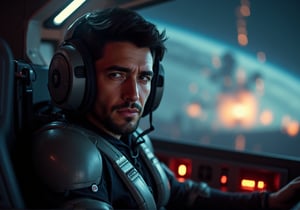 Create an image of a man in his early 40s with dark hair in a crew cut. He’s wearing a sleek, futuristic flight suit, and a fighter craft helmet is on his head, the visor partially lifted to reveal his confident yet oddly detached expression. He sits in the cockpit of a high-tech, futuristic fighter craft, surrounded by glowing control panels and holographic displays. Outside the cockpit, deep space stretches infinitely, punctuated by distant explosions and flashes of light from an ongoing space battle. The mood is tense yet calm, capturing the man’s readiness and emotional distance in the midst of chaos.