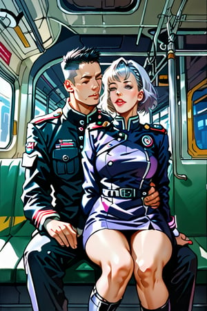 Create a scene inside a futuristic train, where Glacia Astania, a striking woman in her mid-20s with silver hair and vibrant purple irises, is sitting in the lap of a man in his early 40s. She is dressed in a dark military officer’s uniform with a skirt ending at her knees.  Her last name, 'Astania,' visible on her jacket’s tag. The man behind her has dark hair in a crew cut and is wearing a futuristic flight suit with 'Fokker' written on his chest.  One of his hands is on her leg, leading up to her skirt, the other is at her neck undoing one button.  They are subtly fooling around, with playful expressions and light touches, trying to keep their interaction discreet in the public setting. The futuristic train interior is sleek and modern, with metallic designs, soft lighting, and a few passengers around them, unaware or politely ignoring the couple’s attempts to hide their chemistry