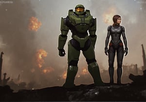 Create an epic image of Commander Jane Shepard and Master Chief 117 standing together on a war-torn battlefield. Commander Shepard is at the forefront, surveying the destruction with a determined expression, deep in thought as she strategizes their next move. She’s wearing her iconic futuristic N7 armor, battle-worn yet still shining with authority. Beside her, the imposing figure of Master Chief looms, standing tall in his green Spartan armor, ready for action. His posture is alert, prepared to follow any order she gives. The background shows the aftermath of a fierce battle—smoke rising, debris scattered, and distant flashes of combat. The image should capture the gravity of their leadership and the sense of hope and heroism they embody.