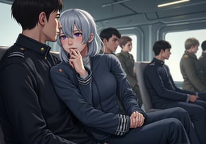 Create an image of a young woman with medium-length silver hair and striking purple irises, dressed in a formal military uniform, sitting in a futuristic train. She is seated in the lap of a taller man with dark hair in a flightsuit or working wear, sitting in his lap and facing away from him. Her expression reflects an internal struggle as she tries not to let her arousal show to the sparse people around them. The woman appears flustered yet quietly enjoying the intimate contact, subtly biting her lip or blushing. The futuristic train setting should have sleek metallic designs and soft lighting, with a few other passengers in the background, dressed in military uniforms or casual attire, unaware or politely ignoring the couple.