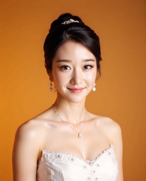 A serene wedding portrait of Seo Yea Ji: Softly lit against a warm background, the elegant bride beams with joy, her strapless white gown adorned with intricate floral details. Her delicate necklace and earrings sparkle in harmony with her subtle updo, featuring a decorative hairpiece. Radiant skin and a warm glow complete this captivating scene.