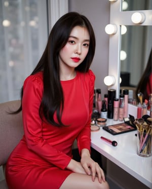 A woman with long, straight dark hair is seated at a makeup station, wearing a fitted red dress. She has a soft expression, with prominent cheekbones and bright lipstick. Her hands rest on a table adorned with makeup brushes in a container. The background features a blurred vanity mirror and beauty products, creating a stylish, cosmetic setting.