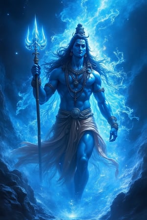 The image depicts a powerful and mystical figure that closely resembles Lord Shiva, a prominent deity in Hinduism, in a dynamic and intense scene. The character has a serene expression, with long, flowing hair, adorned with beads and a snake coiled around their neck. Their skin has a striking blue hue, and their body is muscular, with sacred markings on their forehead. He has Trishul(trident) in his hand 

The figure appears to be levitating or emerging from swirling, intense blue energy, with ice-like shards and ethereal mist surrounding them. The background is a dark, cosmic void with stars or distant galaxies, giving the impression of immense power and transcendence. The scene evokes a sense of divinity, power, and calm amidst chaos, enhanced by the fluidity of the energy and the character’s posture.