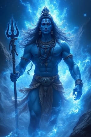 The image depicts a powerful and mystical figure that closely resembles Lord Shiva, a prominent deity in Hinduism, in a dynamic and intense scene. The character has a serene expression, with long, flowing hair, adorned with beads and a snake coiled around their neck. Their skin has a striking blue hue, and their body is muscular, with sacred markings on their forehead. He has Trishul(trident) in his hand.

The figure appears to be levitating or emerging from swirling, intense blue energy, with ice-like shards and ethereal mist surrounding them. The background is a dark, cosmic void with stars or distant galaxies, giving the impression of immense power and transcendence. The scene evokes a sense of divinity, power, and calm amidst chaos, enhanced by the fluidity of the energy and the character’s posture.