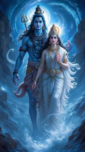 The image portrays an awe-inspiring divine scene featuring both Lord Shiva and Goddess Parvati. Lord Shiva stands as a powerful figure with flowing, wild hair and a muscular build, his blue skin radiating a mystic aura. Sacred markings adorn his forehead, and he wears necklaces of beads, with a snake coiled around his neck. His posture exudes calmness and authority as he levitates or moves gracefully amidst swirling blue energy, ice-like shards, and mist surrounding him, with a cosmic background of stars and galaxies adding to the celestial atmosphere.

Beside him, Parvati Mata, the embodiment of grace and beauty, stands or floats with a serene and gentle expression. Her figure is adorned in traditional attire with intricate jewelry and a glowing, golden aura surrounding her. Her hand may be raised in a blessing gesture, emphasizing her nurturing and compassionate presence. Together, they are enveloped by the cosmic energy that reflects both power and tranquility, symbolizing the balance of divine masculine and feminine forces in the universe. The scene is otherworldly, with ethereal light and cosmic elements swirling around the divine couple, creating a perfect harmony between strength and grace.