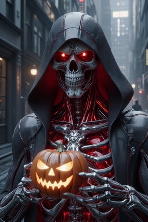 A detailed close-up of a Cybernetic skeleton, adorned with a sleek LaTeX-ceramic cloak, glowing red inside body intricate, holding a glowing Jack-o'-lantern in its metallic hand. The scene is illuminated by the eerie light from the pumpkin, casting dramatic shadows on the cloak. The composition is centered, with the skeleton's glowing eyes and the Jack-o'-lantern's face drawing attention. Neutral realistic day Lighting , enhancing the futuristic and spooky atmosphere. Inner intricate rendering details, SSAO,
Ambient occlusion, Octane render, cycles 4d rendering ( for the textures), Version 7 cry engine optimization.