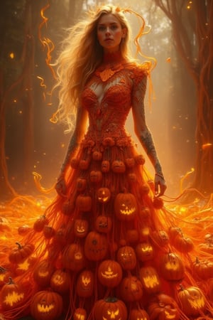 A captivating image of a beautiful goddess wearing a dress crafted from the material of Jack-o'-lantern pumpkins. The scene is framed in a mid-shot, showcasing the intricate details of her dress and her graceful pose. The lighting is warm and golden, highlighting the carved pumpkin patterns on her dress. The composition is centered, with the goddess standing elegantly, her dress flowing with a festive and mystical aura. The background is softly blurred, drawing attention to her and the unique design of her attire.,Lux render optimizing 