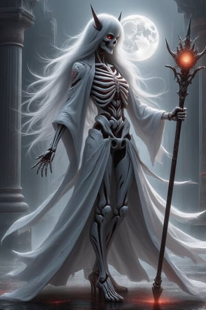 A hauntingly beautiful skeleton goddess, ethereal and majestic, stands in a grand temple ruin under a moonlit sky. Her skeletal form is adorned with intricate, glowing tattoos and delicate, flowing robes. She holds a staff with a glowing orb, her posture regal and commanding. The scene is framed with a wide shot, capturing the goddess in the center, with the moon and ruins creating a mystical, otherworldly atmosphere. The lighting is soft and silvery, highlighting the intricate details of her skeletal structure and the ethereal glow of her attire.