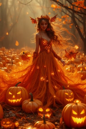 A captivating image of a beautiful goddess wearing a dress crafted from the material of Jack-o'-lantern pumpkins. The scene is framed in a mid-shot, showcasing the  Jack-o'-lantern pumpkins intricate details of her dress and her graceful pose. The lighting is warm and golden, highlighting the carved pumpkin patterns on her dress. The composition is centered, with the goddess standing elegantly, her dress flowing with a festive and mystical aura. LaTeX textures, LaTeX effects, The background is softly blurred, drawing attention to her and the unique design of her attire.,Lux render optimizing 