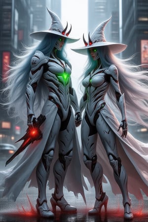 A pair couple of male and female concept witch  figures, wearing witch hat, long horns, each with long blue ombre haired , neon green glowing inner intricate, stand together in a futuristic, neon-lit cityscape. Both wear white high-tech, armored suits and long, ceramic red medieval coats, blending ancient and modern elements. The couple holds futuristic weapons, their postures close and playful. The scene is framed with a medium shot, capturing the figures in the center, with neon lights and towering skyscrapers creating a contrast between old and new. The lighting is dynamic and vibrant, highlighting the intricate details of their armored suits and ceramic coats.