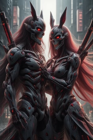 A pair of concept skeleton figures, each with long burgundy hair and joker masks, stand together in a futuristic, neon-lit cityscape. Both wear high-tech, armored suits and long, ceramic medieval coats, blending ancient and modern elements. The couple holds futuristic weapons, their postures close and playful. The scene is framed with a medium shot, capturing the figures in the center, with neon lights and towering skyscrapers creating a contrast between old and new. The lighting is dynamic and vibrant, highlighting the intricate details of their armored suits and ceramic coats.