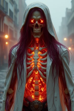 a skeleton hybrid, wet and Wheatish coloured tone, X eyes mask, long burgundy haired, Flame inside body,  crimson muscles and veins inner intricate render, 
wearing a white ultra violet latexCouture  material mediaeval long coat, flame ruins city backgrounds 