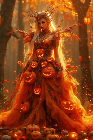 A captivating image of a beautiful  goddess adorned, wearing an armour crafted from the material with Jack-o'-lantern pumpkins. The scene is framed in a mid-shot, showcasing the  Jack-o'-lantern pumpkins intricate details of her dress and her graceful pose. The lighting is warm and golden, highlighting the carved pumpkin intricate patterns on her dress. The composition is centered, with the goddess standing elegantly, her dress flowing with a festive and mystical aura. LaTeX textures, LaTeX effects, The background is softly blurred, Jack-o'-lantern balloons, drawing attention to her and the unique design of her attire.,Lux render optimizing 