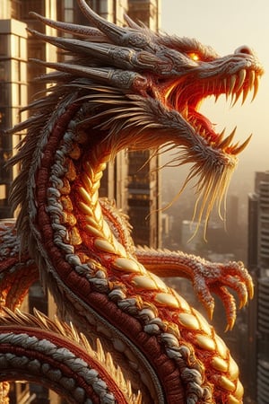 a shenlong dragon, wet and Wheatish coloured tone, long burgundy haired, Flame inside body,  crimson muscles and veins inner intricate render, green city backgrounds,Shading and Lighting: Phong shading, Gouraud shading, and Blinn-Phong shading, mirror reflections shading,Intricate details, intricate Sharp focus detailing, Ambient occlusion, Cycles 4D render, Octane render, V-Ray render, 4d Cry engine 7 (for real-time rendering), Unreal Engine 5.5 (optimized with backgrounds textures),124k ultra HD resolution 