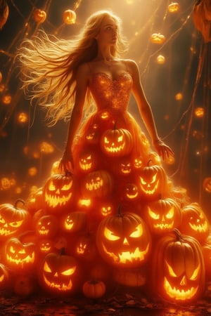 A captivating image of a beautiful goddess wearing a dress crafted from the material of Jack-o'-lantern pumpkins. The scene is framed in a mid-shot, showcasing the  Jack-o'-lantern pumpkins intricate details of her dress and her graceful pose. The lighting is warm and golden, highlighting the carved pumpkin patterns on her dress. The composition is centered, with the goddess standing elegantly, her dress flowing with a festive and mystical aura. The background is softly blurred, drawing attention to her and the unique design of her attire.,Lux render optimizing 