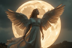  A winged goddess girl, wearing a silk, standing in Infront a megasize super moon, Lux render optimisation 