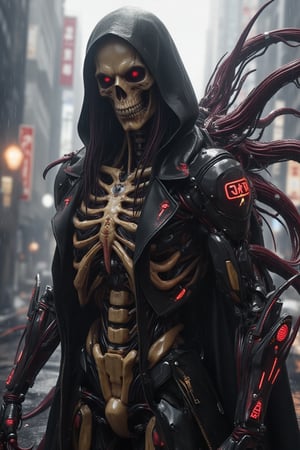 an apex necrobiosis skull humanoid, thick Tails razor spinal cord , wearing a high tech military armour in the style of sci-fi grandeur, by JengLord, realism accuracy, carnibalisym ferocity intricate rendering,
 pigeoncore, kimoicore, polycarbonate texture, iconic photography, ceramic effect, ricoh r10 --ar 2:3 --c 02 --niji 6 --style raw