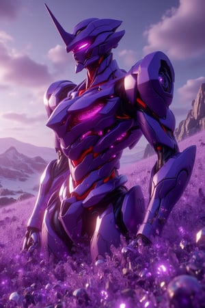 A vibrant, colored image of Evangelion Unit-00 standing amidst a field of purple crystal amethysts. The unit is framed in a dynamic mid-shot, with the amethysts glowing under soft, ambient lighting. The composition highlights the intricate details of Unit-00, with its armor reflecting the purple hues. The unit stands poised, ready for action, surrounded by the crystalline landscape.,\uD83E\uDD16\uD83C\uDF1F, (Shading and Lighting using Phong shading, Gouraud shading, and Blinn-Phong shading, mirror reflections shading, Rendering), ambient occlusion, cycles 4d render, octane render, V-Ray render, unity, 7d cryengine 7 optimization, 124k Ultra HD resolution.