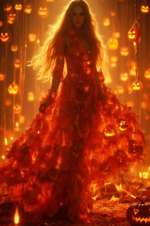 A captivating image of a beautiful goddess wearing a dress crafted from the material of Jack-o'-lantern pumpkins. The scene is framed in a mid-shot, showcasing the  Jack-o'-lantern pumpkins intricate details of her dress and her graceful pose. The lighting is warm and golden, highlighting the carved pumpkin patterns on her dress. The composition is centered, with the goddess standing elegantly, her dress flowing with a festive and mystical aura. LaTeX textures, LaTeX effects, The background is softly blurred, Jack-o'-lantern balloons, drawing attention to her and the unique design of her attire.,Lux render optimizing 