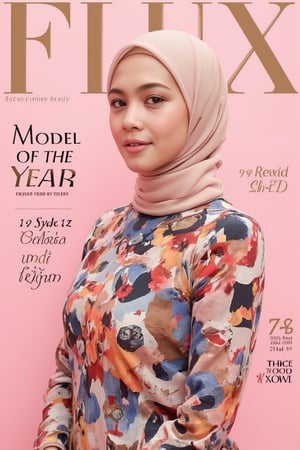 "A high-fashion magazine cover featuring a close-up, upper-body shot of a beautiful, blue eyed Bulgarian female hijab model confidently posing with elegance. and she wears a colorful printed, turtleneck, long sleeved dress that accentuates her figure while maintaining a sophisticated and polished look. The background is a neutral pink with professional, magazine-quality lighting that enhances her photorealistic skin texture. Across the cover, bold and stylish magazine text is displayed, including the title in elegant font: **\"Flux Fashion Beauty\"** at the top. **\"Model of the Year: Embracing Allure and Power\"** The overall composition combines high-end fashion photography with captivating headlines that frame the model’s pose, drawing attention to her beauty and presence. The cover reflects sophistication, confidence, and modern fashion, with the FuturEvoLabBeautify aesthetic enhancing the visual impact.",game,realistic,3D,hot